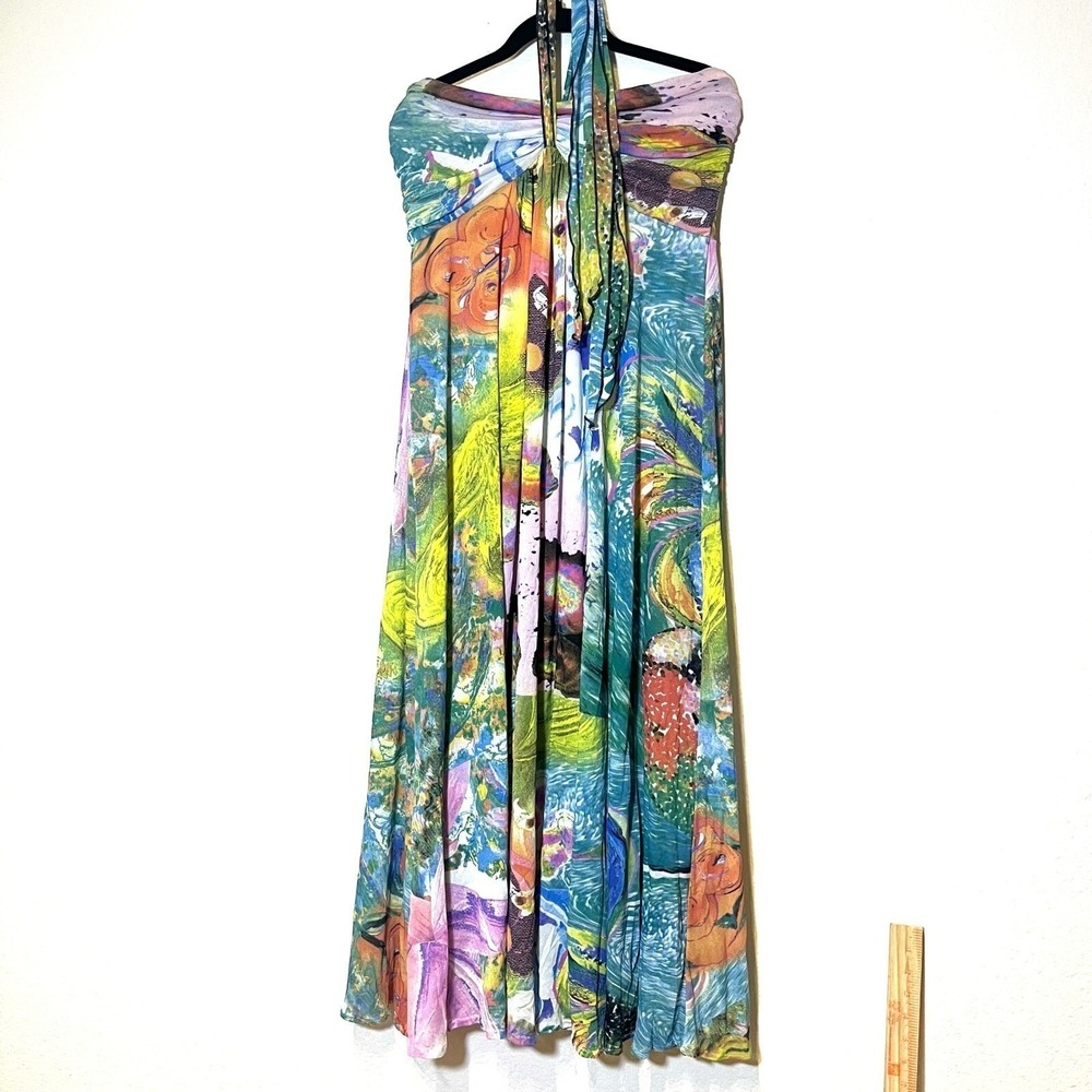 Elana Kattan Tropical Floral Halter Maxi Dress‎ Lightweight Chiffon Size L USA